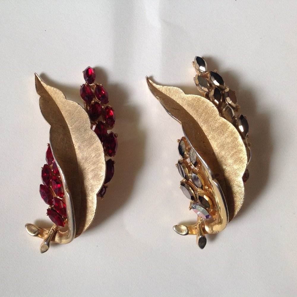 Rare Vintage BSK Rhinestone & Gold Flower Leaf Brooch Set of Two